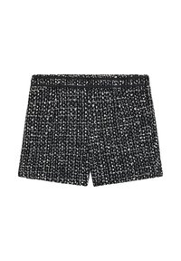 Zwart-witte shorts voor dames met een tweedpatroon, een aansluitende tailleband en subtiele plooien aan de voorkant.
