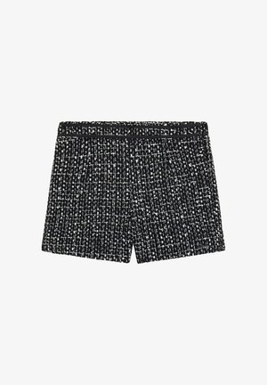 Black and white tweed-patterned women's shorts with a fitted waistband and subtle front darts.