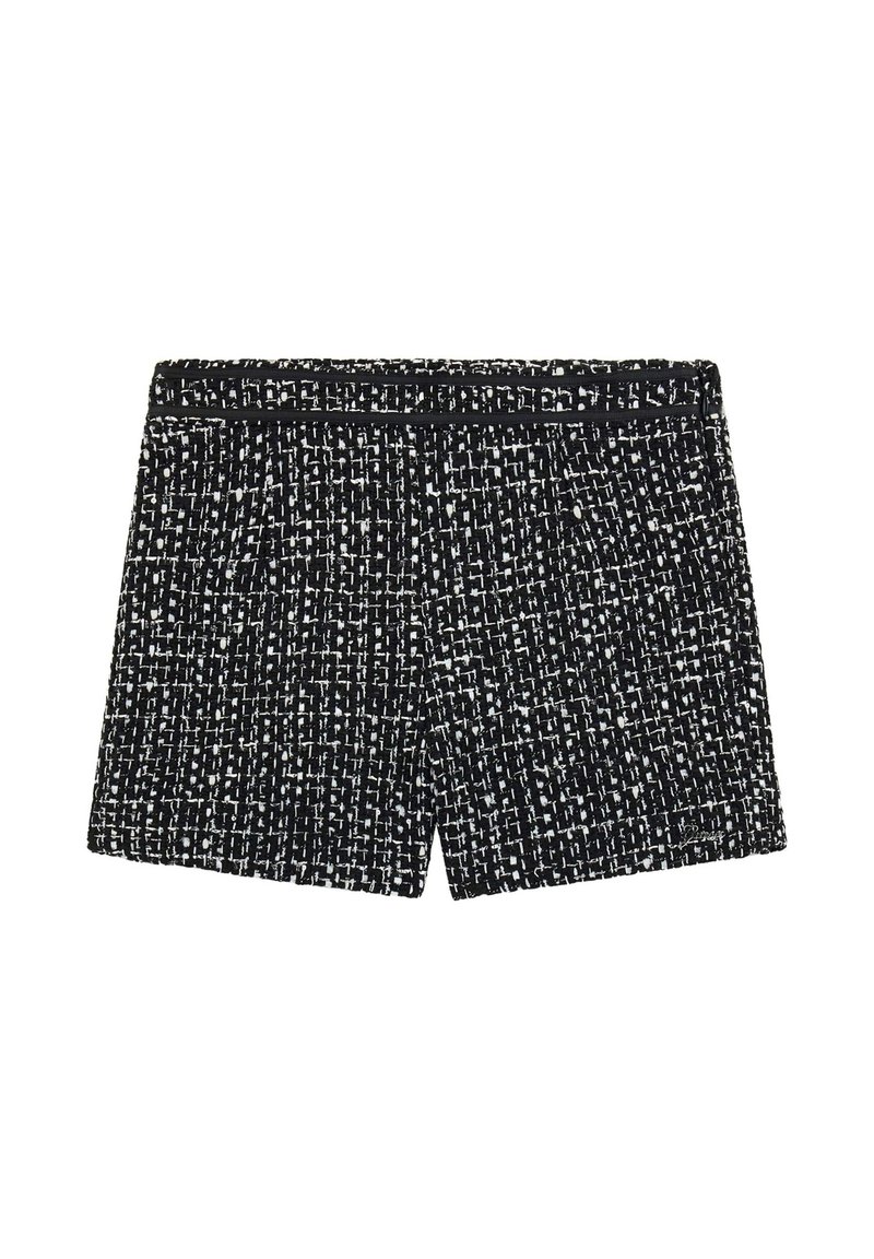Zwart-witte shorts voor dames met een tweedpatroon, een aansluitende tailleband en subtiele plooien aan de voorkant.