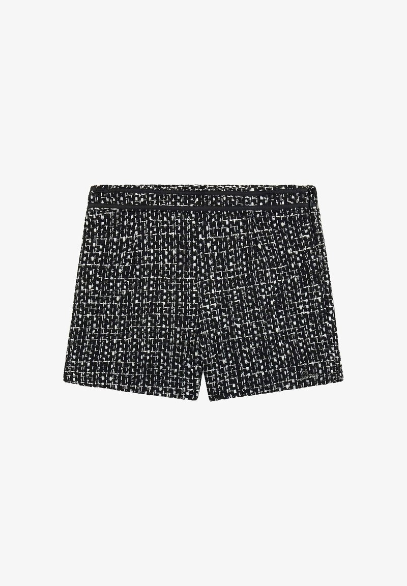 Zwart-witte shorts voor dames met een tweedpatroon, een aansluitende tailleband en subtiele plooien aan de voorkant.