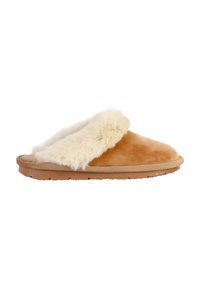 Pantofole in suede tan con rivestimento in faux fur bianco, design open toe e suola in morbida gomma, caratterizzate da un bordo cucito e una consistenza soffice.