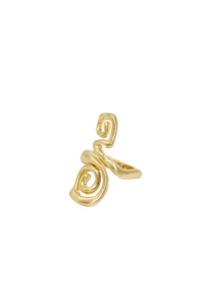 Gold spiral ring featuring an intricate, flowing design with a smooth, shiny texture. The band elegantly intertwines with prominent swirls.
