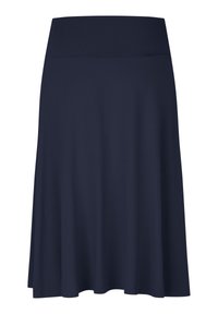 Gonna blu navy, lunga fino al ginocchio, realizzata in tessuto elasticizzato, con una vita ampia e una silhouette svasata. Texture liscia senza motivi visibili.