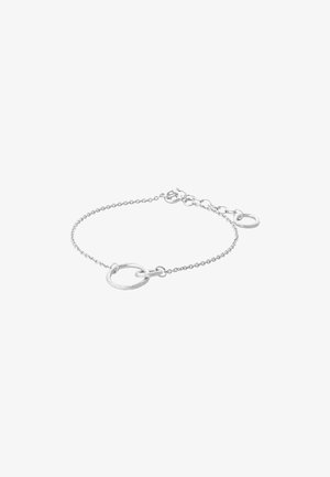 Bracelet délicat en chaîne argentée avec deux anneaux entrelacés texturés et une fermeture à boucle ajustable avec maillons d'extension.