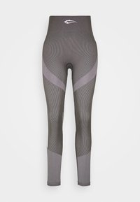 Vyömääräiset legginssit tummanharmaana, joissa on tekstuurilla varustettu kangas ja vaakasuorat raidat sekä kontrastiset harmaat paneelit sivuilla.