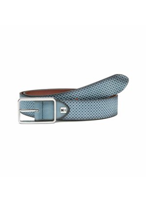 Light blue leather belt featuring a geometric pattern, silver rectangular buckle, and brown backing. Smooth texture with rounded edges.