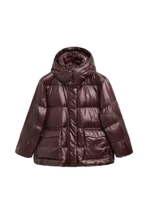 Giacca a vento di colore bordeaux scuro con un colletto alto imbottito, bottoni a pressione, zip frontale e due grandi tasche con pattina.