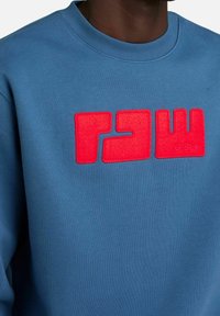 Sudadera de color azul claro con un gran logo rojo "RAW", tela texturizada y cuello acanalado. Detalle de marca sutil en la esquina inferior derecha.