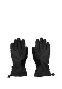 Zwarte geïsoleerde handschoenen met een getextureerde buitenkant, verstelbare manchetten en contrasterende stoffen panelen voor verbeterde grip en warmte.