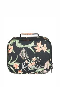 Zwarte lunchbox met bloemenprint en tropische bloemenpatronen, met ritsluiting en een bovenhandgreep. Bevat de tekst "Roxy" in zilveren schrift.