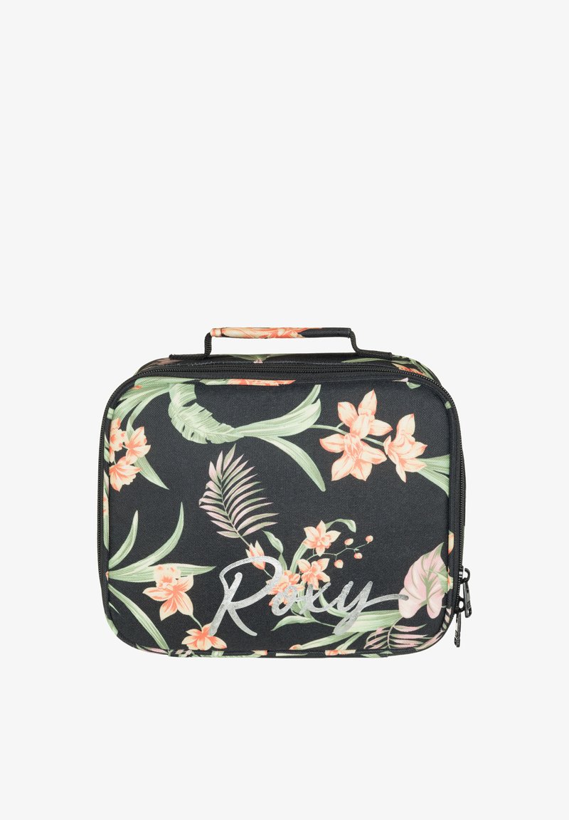 Svart lunchlåda med blommotiv och tropiska blommor, med dragkedjeslutning och ett handtag på toppen. Har texten "Roxy" i silverfärgade skrivstil.