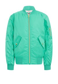 Kirkkaansininen pommikauppi, jossa on etuvetoketju, kaksi kulmaista etutaskua, joissa on napit, ribbaava kaulus, hihansuut ja helma sekä vetoketjullinen hihapocket.