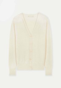 V-ringad crema cardigan i mjukt stickat material, med ribbad kant, långa ärmar och sex ljusa knappar framtill.