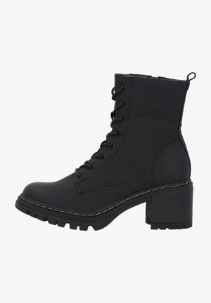 Black ankle boot made of smooth leather, featuring a round toe, lace-up front, and chunky block heel with a textured sole. White stitching detail.