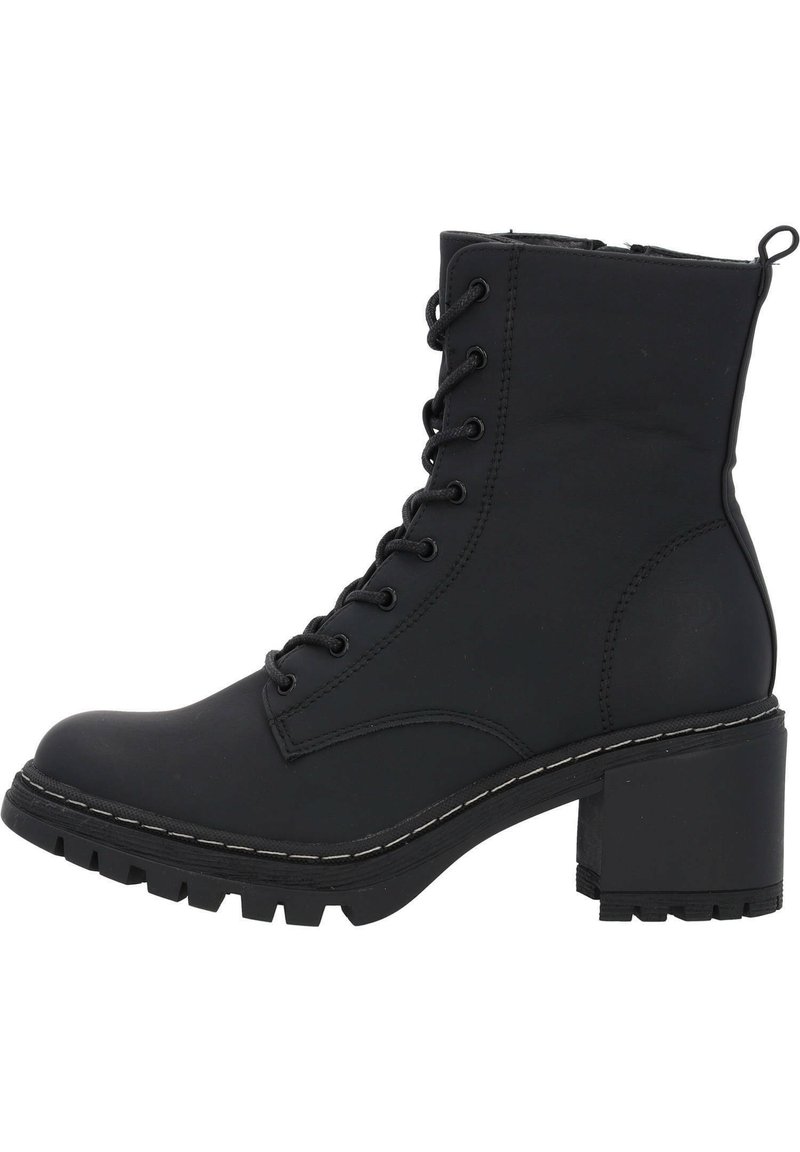 Black ankle boot made of smooth leather, featuring a round toe, lace-up front, and chunky block heel with a textured sole. White stitching detail.