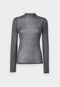 Langermet topp med høy krage i mørk grå farge. Laget av et mykt, elastisk stoff med ribbestruktur og tettsittende design. Ingen synlige detaljer eller aksenter.