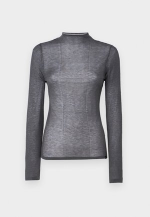 Langermet topp med høy krage i mørk grå farge. Laget av et mykt, elastisk stoff med ribbestruktur og tettsittende design. Ingen synlige detaljer eller aksenter.