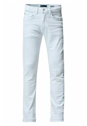 Vaqueros de mezclilla blancos con corte ajustado, diseño clásico de cinco bolsillos y cierre de botón. La tela tiene una apariencia lisa y ligeramente texturizada.