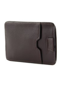 Brown leather cardholder with a smooth texture, curved edges, subtle stitching, and a slot for easy card access on one side.