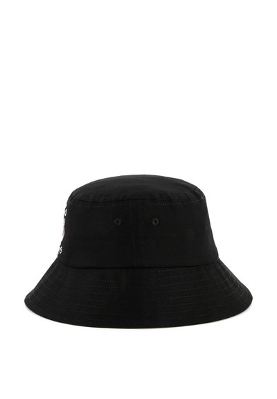 Zwarte bucket hat van katoen, met een brede rand, gestikte patroondetails en twee ventilatie-oogjes aan elke kant.