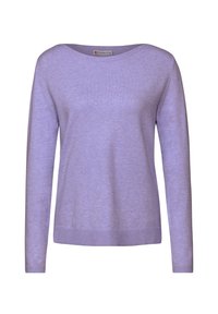 Light purple long-sleeve sweater with ribbed cuffs and hem, round neckline, and a Street One brand label inside the collar.