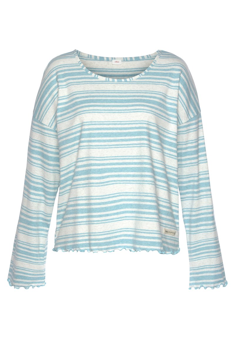 Gestreiftes Langarmoberteil aus einem hellblauen und weißen Baumwollmix. Verfügt über einen runden Ausschnitt sowie einen gewellten Saum und gewellte Bündchen für zusätzliche Details.