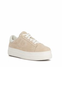 Beige suede sneaker with white laces and a chunky white sole. Features a subtle embossed logo and a contrast textured heel.