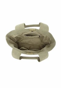 Zelená látková taška s dvěma krátkými uchy, horním otevřením a vnitřními kapsami. Má kapsu na zip a magnetické zavírání.