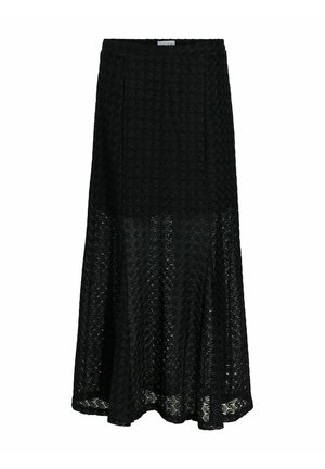 Sort A-formet nederdel med tekstureret blomstret blonder, tætsiddende i talje og hofter, udvides under knæet, delvist gennemsigtig kant.