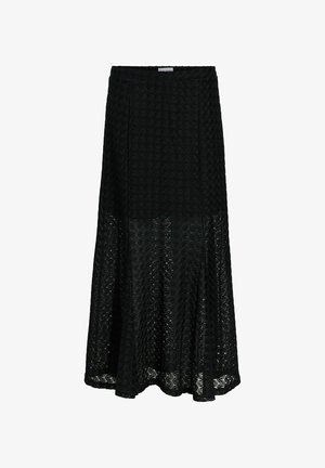 Sort A-formet nederdel med tekstureret blomstret blonder, tætsiddende i talje og hofter, udvides under knæet, delvist gennemsigtig kant.