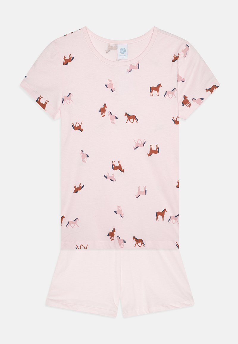 Conjunto de pijama de dos piezas en color rosa, hecho de tela suave, que presenta un motivo de caballo en varios colores. La parte superior tiene mangas cortas y un escote redondo.