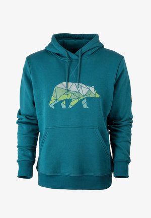 Sweat à capuche bleu sarcelle avec poche avant arborant un motif géométrique d'ours en blanc et vert clair.