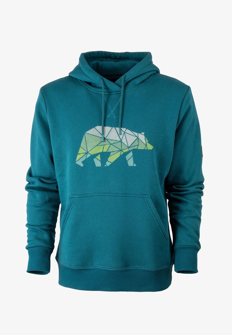 Sweat à capuche bleu sarcelle avec poche avant arborant un motif géométrique d'ours en blanc et vert clair.