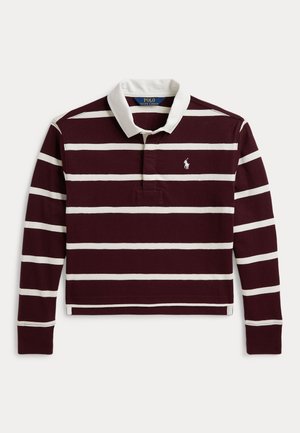 Langærmet mahogni-rugbytrøje med hvide vandrette striber, hvid krave og lille hvid Polo Ralph Lauren-logo på brystet.