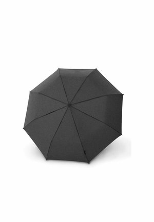 Compact black umbrella with a textured fabric canopy, featuring eight panels, a rounded top, and a slender handle for easy grip.