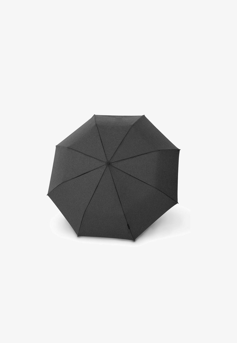 Compact black umbrella with a textured fabric canopy, featuring eight panels, a rounded top, and a slender handle for easy grip.