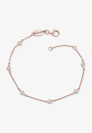Bracciale in oro rosa con piccole gemme trasparenti rotonde incastonate in una delicata catena, dotato di chiusura a moschettone e lunghezza regolabile.