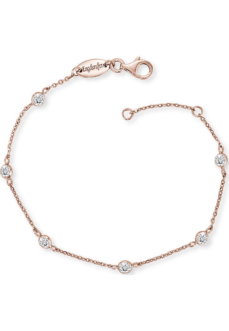Bracciale in oro rosa con piccole gemme trasparenti rotonde incastonate in una delicata catena, dotato di chiusura a moschettone e lunghezza regolabile.
