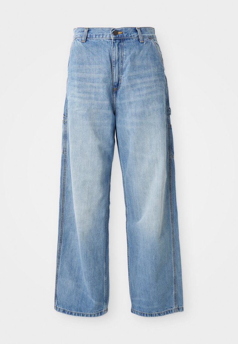 Lichtblauwe wijde jeans met een hoge taille, voorzien van zijzakken en een vervaagde textuur, vervaardigd uit denim materiaal.