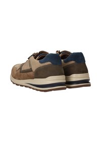 Braune Wildleder- und Textilschuhe mit blauen Fersenakzenten, beiger Sohle und gesteppten Details. Verfügt über ein lässiges sportliches Design.