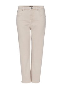 Beige denim broek met een rechte pasvorm, voorzien van een knoopsluiting, vijf zakken en rafelige zomen, gemaakt van zacht, duurzaam materiaal.
