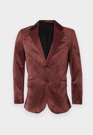 Blazer din catifea bordeaux cu rever din satin, două buzunare frontale, închidere cu un singur nasture și căptușeală interioară neagră. Textură netedă.
