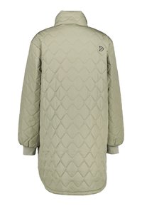 Gequilte jas in lichtgroen, met een hoge kraag, elastische manchetten en een logo-accent. De stof heeft een gladde textuur met een golfpatroon.