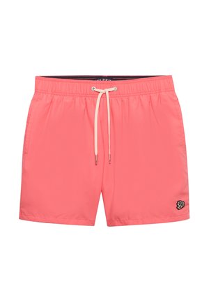 Koralfarvede badebukser med snøre i taljen, sidelommer og lille sort logo-patch på den nederste venstre ben.