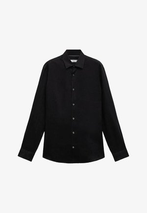 Zwarte longsleeve shirt gemaakt van textuurstof. Heeft een klassieke kraag, volledige knopen aan de voorkant en knoopmanchetten voor een getailleerde look.