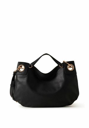 Sac à main en cuir noir avec une forme souple, poignées supérieures, bandoulière latérale réglable et détails dorés ronds en métal.