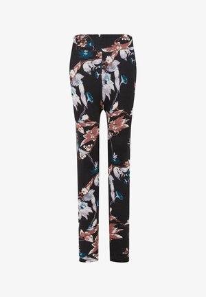 Leggings fleuris en tissu extensible noir, présentant un motif floral coloré avec des nuances de bleu, de rose et de blanc, au design ajusté et de longueur totale.