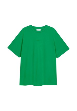 Grøn bomulds T-shirt med rund hals, korte ærmer og en afslappet silhuet. Har diskret brandtekst på forsiden.
