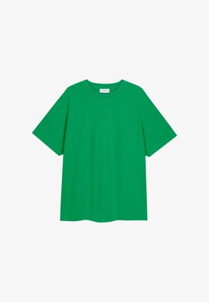 Grön bomull t-shirt med rund hals, korta ärmar och en avslappnad silhuett. Har diskret varumärkestext på framsidan.