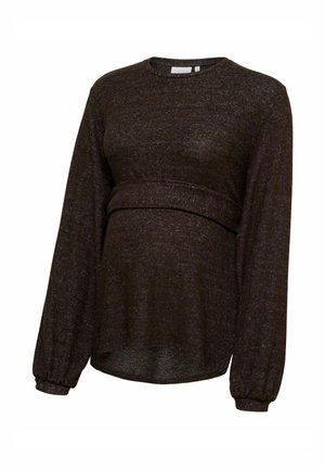 Donkerbruin zwangerschapsvest met lange mouwen, elastische tailleband en ronde halslijn, ontworpen om een zwangere buik te ondersteunen.